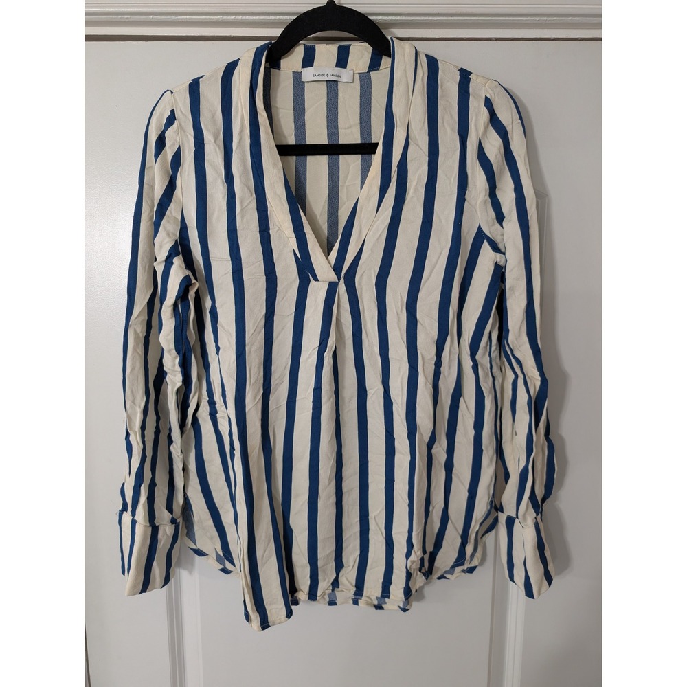 Samsøe Samsøe Hamill Blue Stripe V Neck Blouse Top XS slinky popover nautical‎
